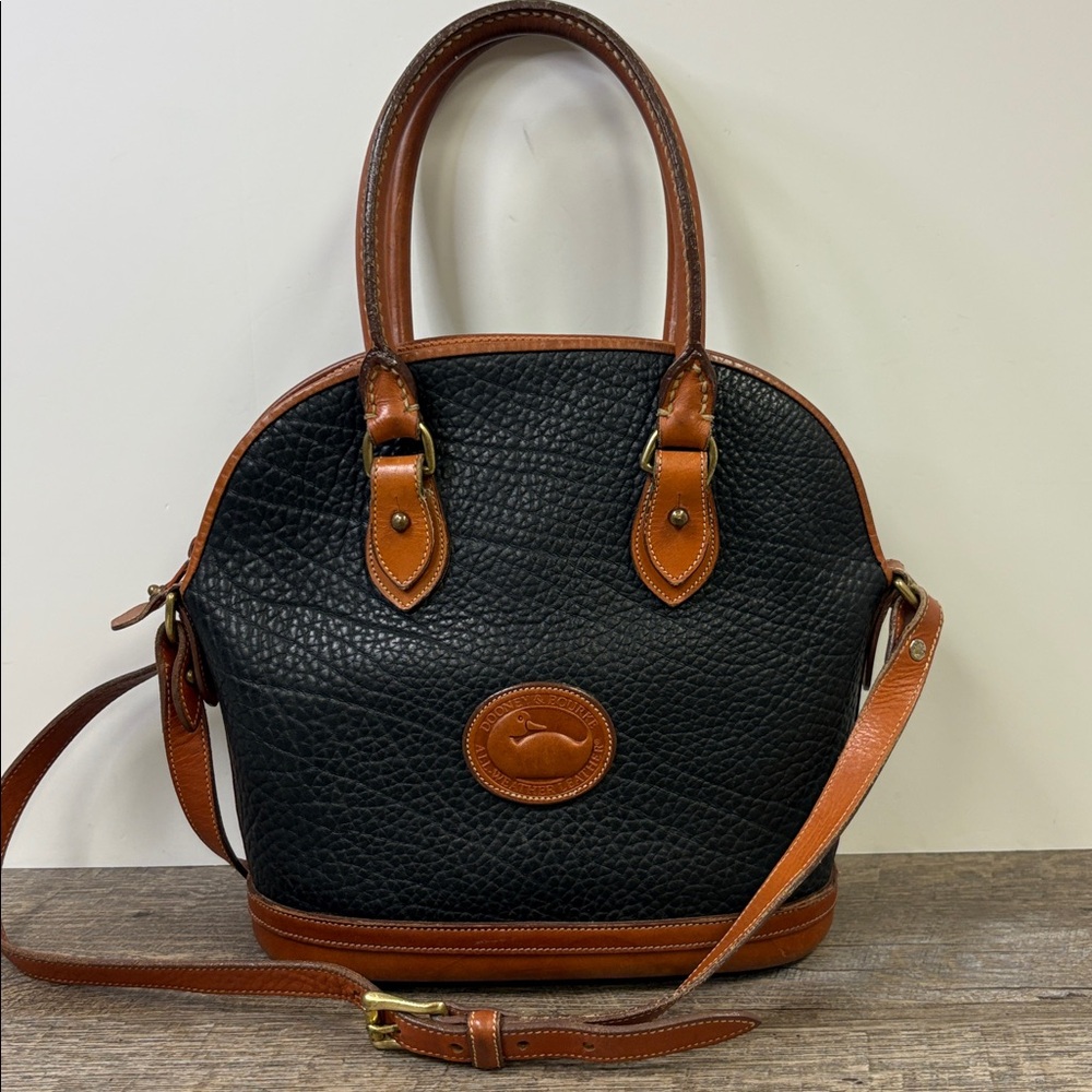 Dooney & Bourke Vintage Pebbled Leather Dome Satchel — Black & Tan